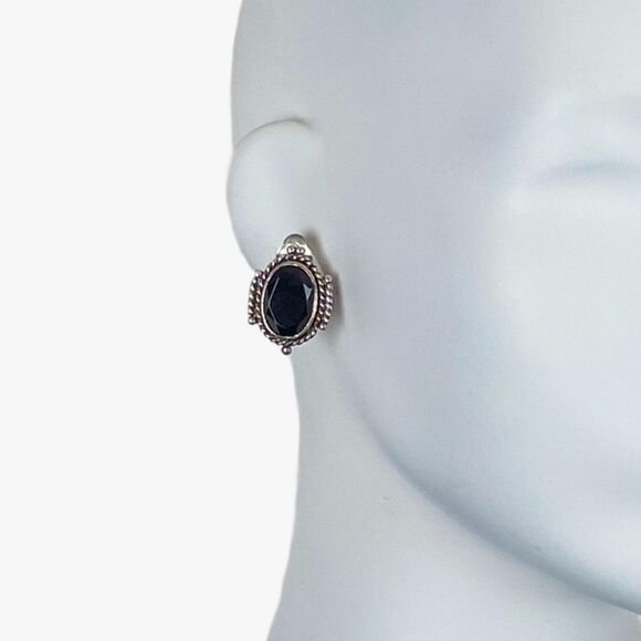 Vintage Black Faceted Stone & Silver-Tone Clip-On Earrings Signed "Best" - Picture 1 of 8